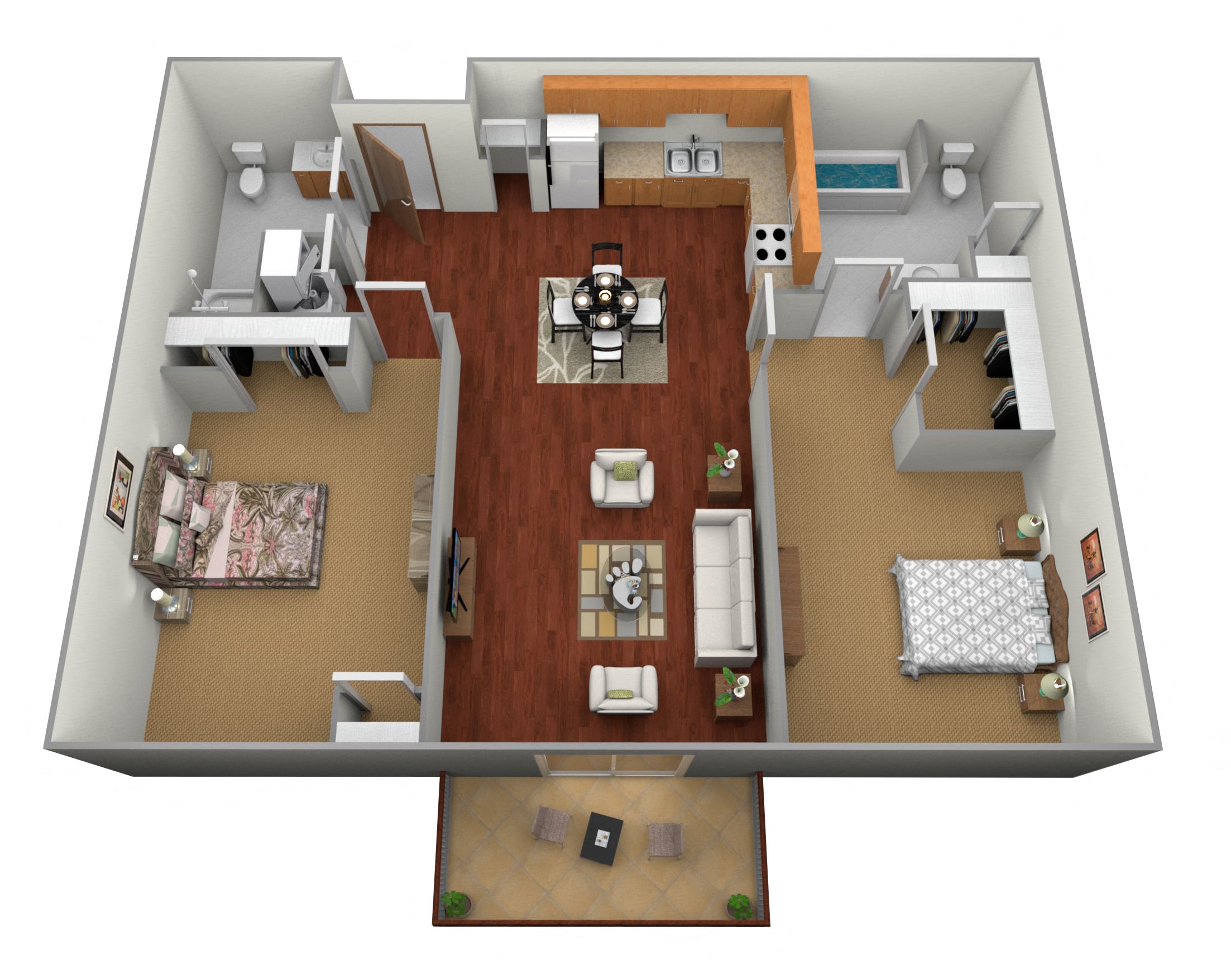 Floor plan for 2 beds, 2 baths, 1015 sqft